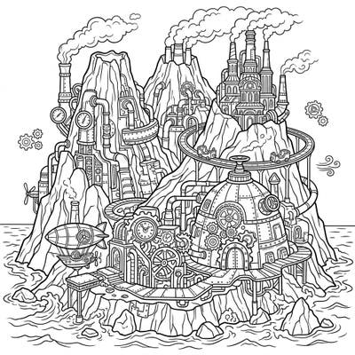 Dive into a breathtaking world where nature meets innovation with our Steampunk Volcanic Islands coloring page. Discover an intricate landscape of industrial wonders, towering volcanoes, and fantastic machinery waiting for your creative touch.