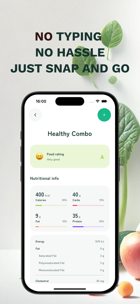 Schermata dell'app Nutrio Ai che mostra conteggi calorici e ripartizione dei macronutrienti per un pasto sano.