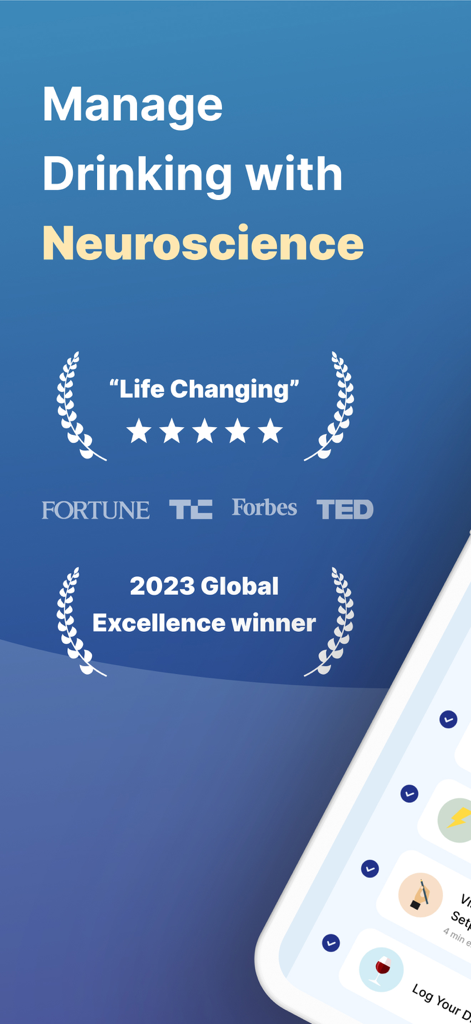 Reframe: Drink Less & Thrive - Écran marketing de l'application Reframe montrant son approche basée sur les neurosciences et le prix Global Excellence 2023