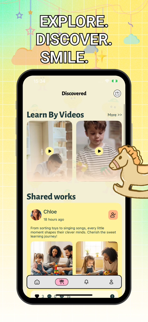 Tazu - Explore - Tazu app screen with educational videos and a social feed for parent community sharing