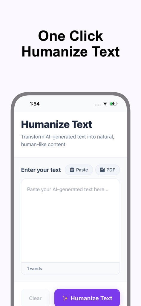 Mobile app interface of humanizo showing the humanize text feature with a paste option and a humanize button