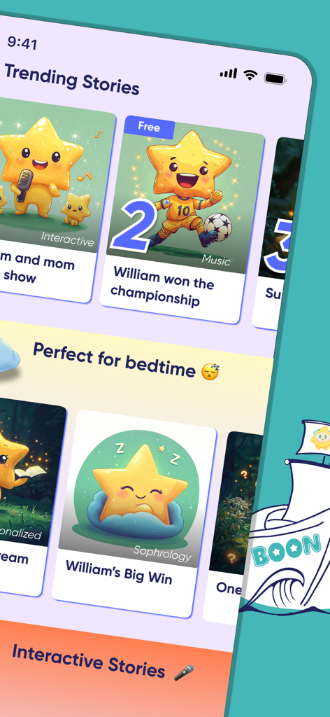 Boon - Stories for Kids - Boonアプリのインターフェース。子供向けの人気のベッドタイムオーディオストーリーのセレクションが表示されています。