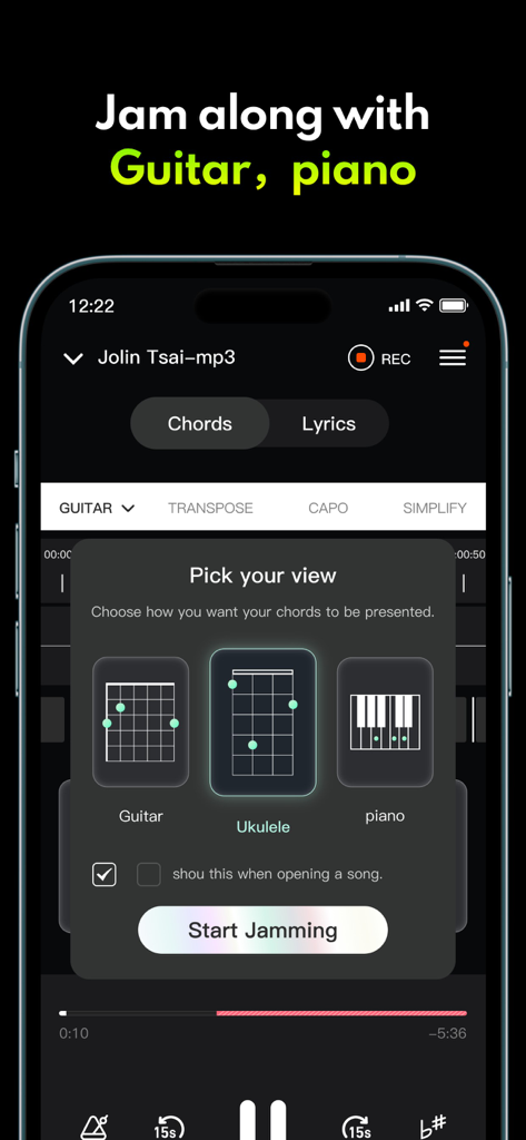 Chord it - Tune & Play Guitar - Interface of the Chord it app showing options to choose between guitar ukulele and piano chord views