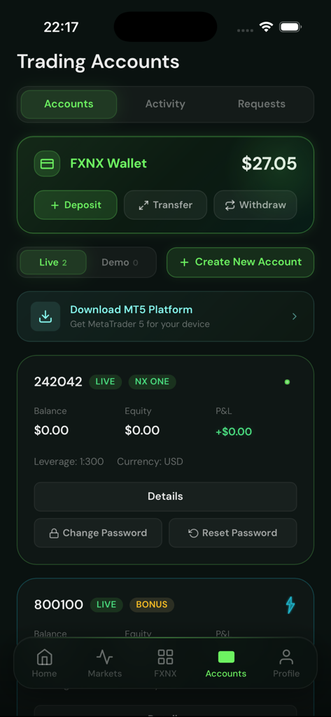 FXNX - Dashboard of the FXNX app showing live trading accounts and wallet balance