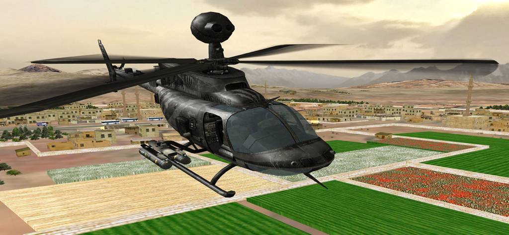 Air Cavalry - Flight Simulator - Helicóptero Kiowa Warrior voando sobre uma paisagem desértica no Air Cavalry Flight Simulator