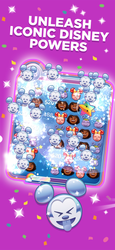 Disney Emoji Blitz match 3 gameplay screenshot showing Mickey Mouse power effects on the puzzle board