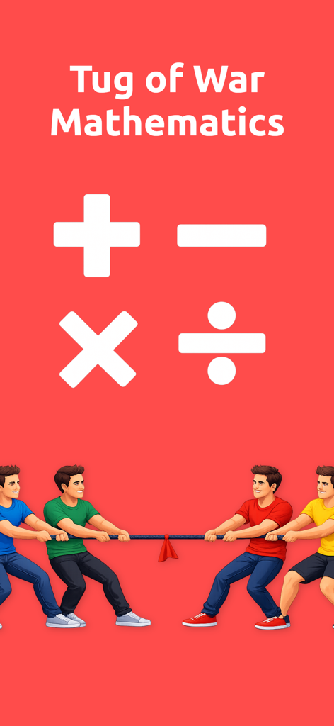 Introductory screen for Tug of War Mathematics featuring arithmetic symbols and animated characters playing tug of war