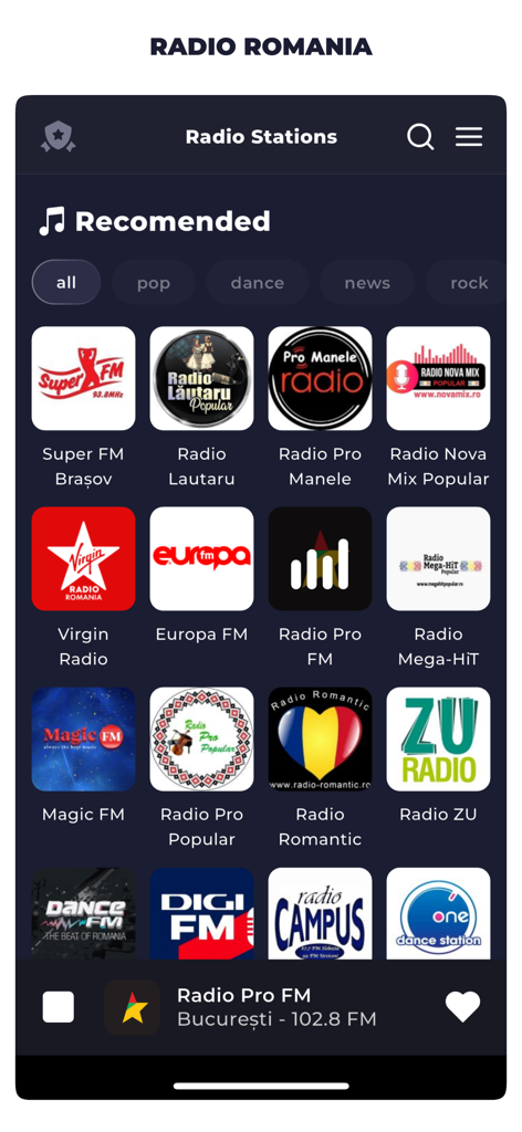 Radio Romania Live Online FM - Interfaz de la aplicación móvil mostrando una cuadrícula de emisoras de radio rumanas populares como Europa FM y Radio ZU