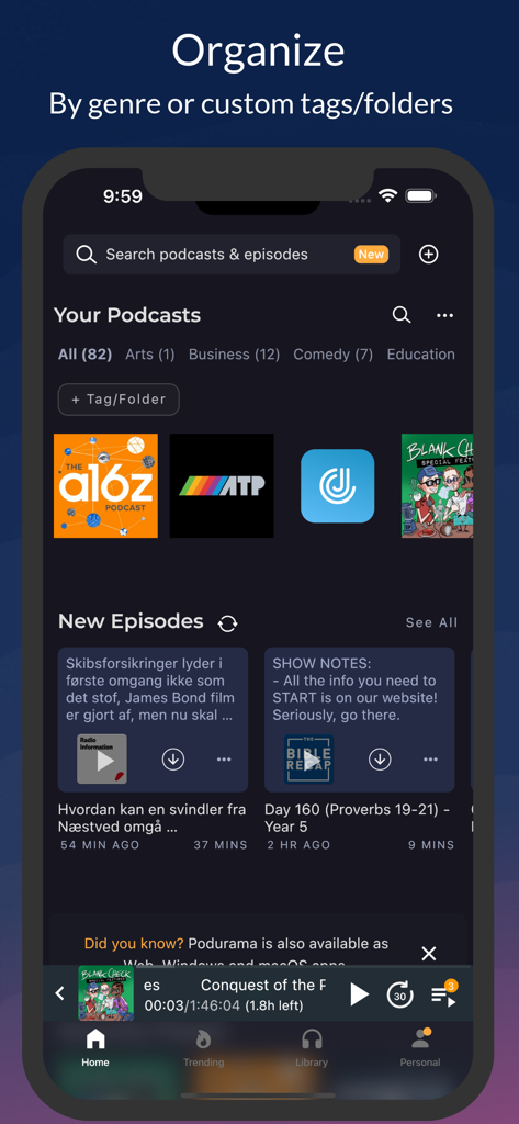 AI Podcast Player: Podurama - Uno screenshot dell'app Podurama che mostra come organizzare i podcast per genere e cartelle personalizzate