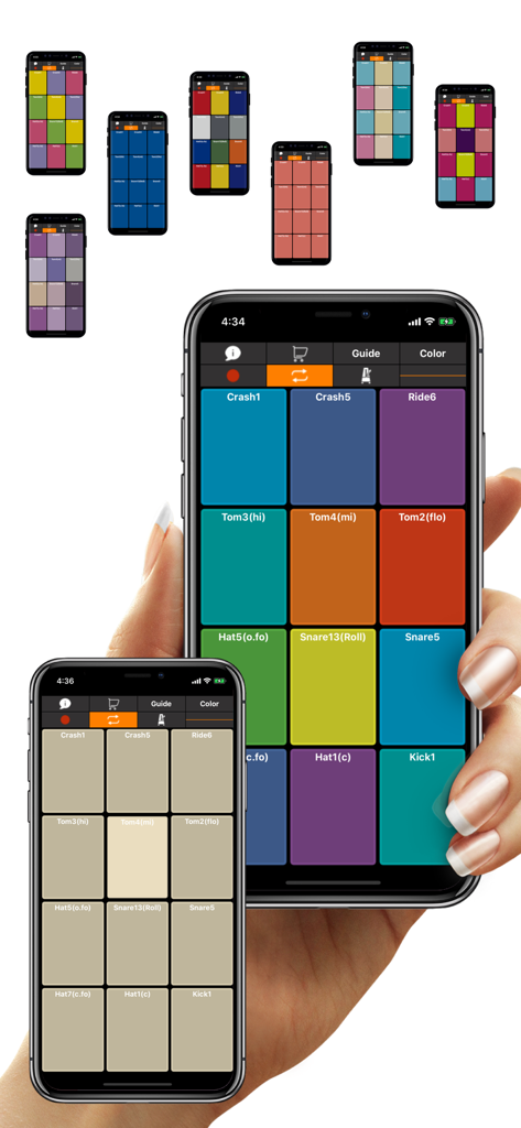 Drum PAD + - Real Finger Drums - A smartphone interface showing a grid of colorful drum pads for real-time finger drumming.