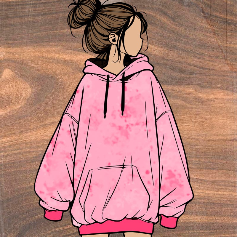realistic girl with a oversized sweatshirt on and a bun