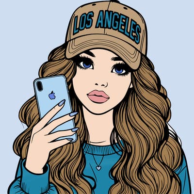 realistic beautiful girl wearing los ángeles cap holding an iphone