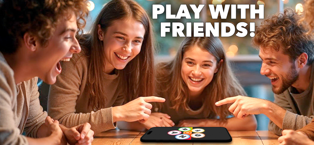 Categories game with friends - スマートフォンでカテゴリーワードゲームを一緒にプレイして笑う若い大人のグループ