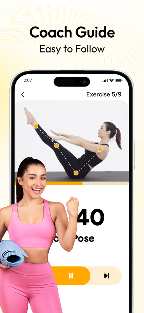 Pilates at Home, Wall Pilates - Pilates app screen showing video workout guidance with posture alignment cues