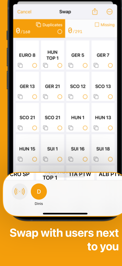 Stickers - Collect & Swap - Interface de l'application Stickers montrant la fonction Échange en Direct pour se connecter avec des collectionneurs à proximité.
