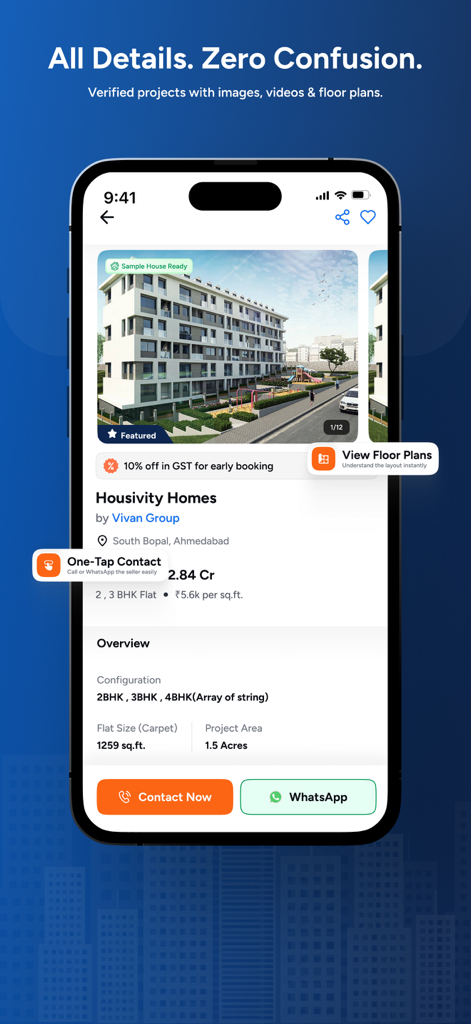 Housivity.com: Buy, Sell, Rent - Smartphone-Bildschirm mit einem verifizierten Immobilienangebot in der Housivity-App mit Preisangaben und Kontaktoptionen