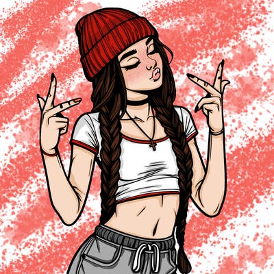 realistic teenage girl with braids and a beanie and crop top doing 🫶🏼