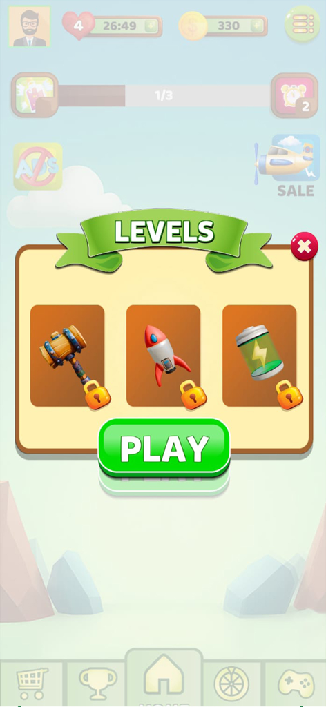 Triple Match 3D Toy Blast Game - Pantalla de niveles del juego Triple Match 3D Toy Blast que muestra elementos bloqueados y un botón de reproducción verde