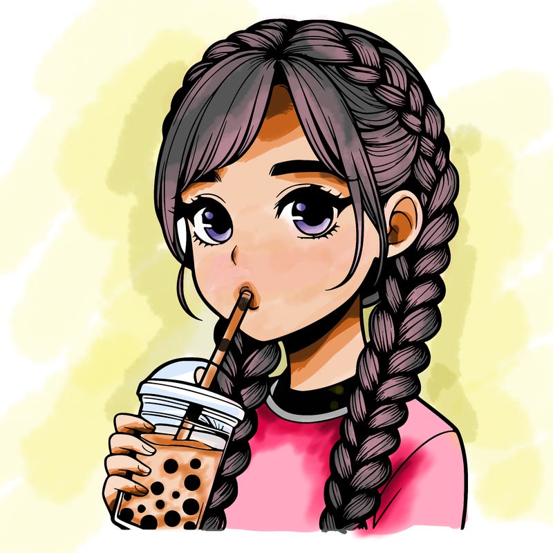 realistic girl with braided hair drinking boba