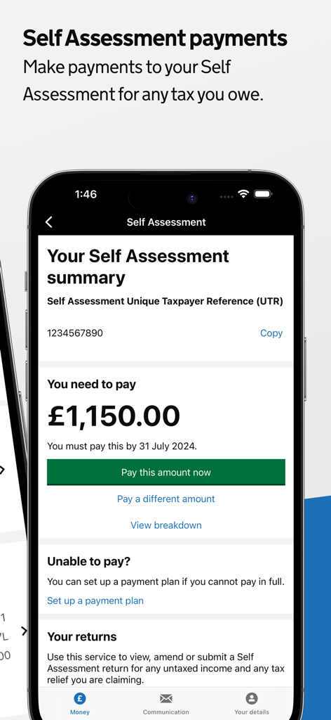 Uma captura de tela móvel do aplicativo da HMRC mostrando a tela de resumo da Declaração de Imposto de Renda (Self Assessment) com um pagamento de imposto devido.