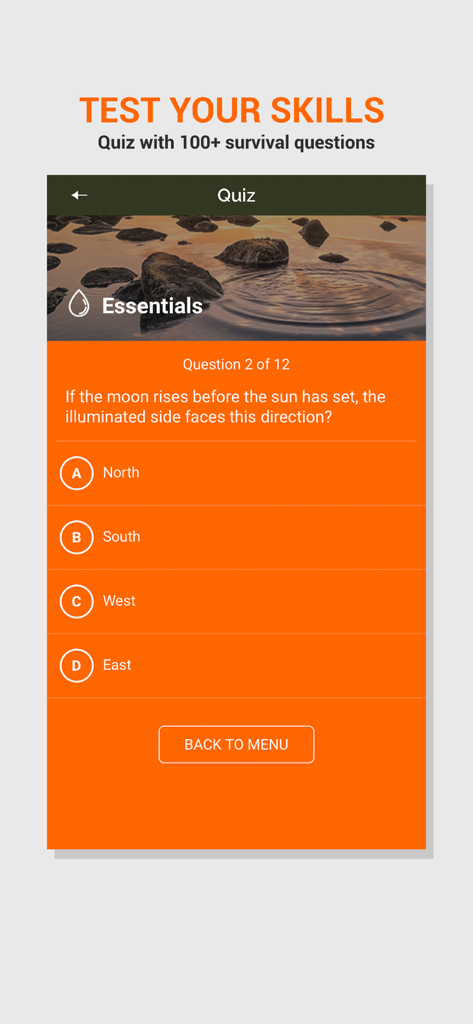 SAS Survival Guide - A survival skills quiz screen from the SAS Survival Guide app showing a navigation question with multiple choice options.