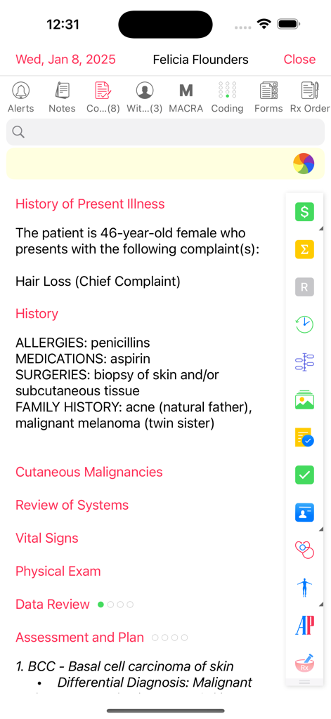 EZDERM mobile app clinical note interface showing patient medical history and assessment plan