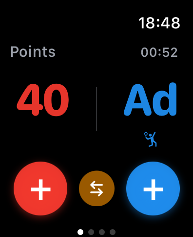 Interfaz de la aplicación Tennis Point en Apple Watch mostrando un marcador de partido de 40 a Ventaja con grandes botones de toque rojos y azules