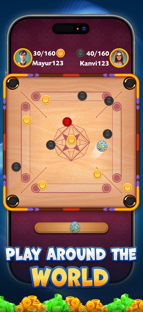 Carrom Royale - Una partida multijugador en línea 1v1 de carrom en la aplicación Carrom Royale.