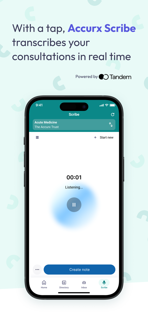 Accurx - Accurx Scribe mobile interface showing live AI transcription of a medical consultation