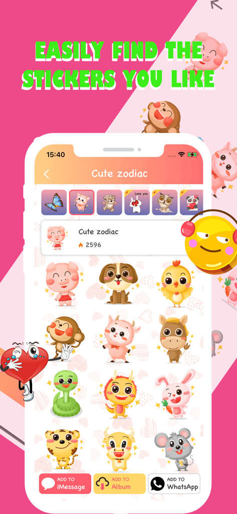 Magic Stickers & Emoji - Interface of the Magic Stickers and Emoji app showing a variety of cute zodiac animal stickers with options to add to iMessage and WhatsApp.