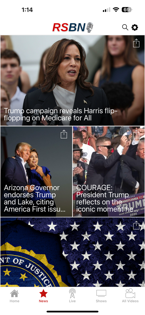 RSBN - The News feed of the RSBN app showing political articles and headlines about presidential candidates