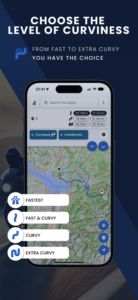 Kurviger app interface showing motorcycle route planning with options from fastest to extra curvy.