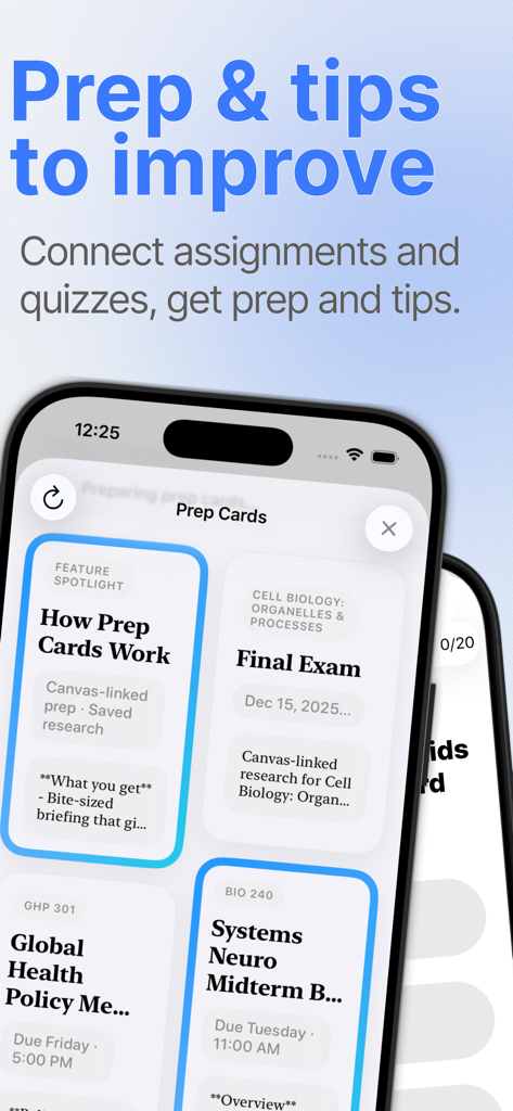 ExamCram - Study AI Quizzes - Interface do aplicativo ExamCram mostrando cartões de preparação automatizados e dicas de estudo para exames e trabalhos universitários.