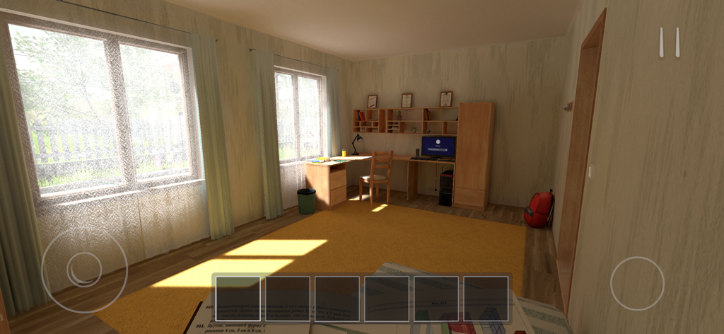 First person view of a schoolboy room with a desk and computer in Schoolboy Runaway Stealth
