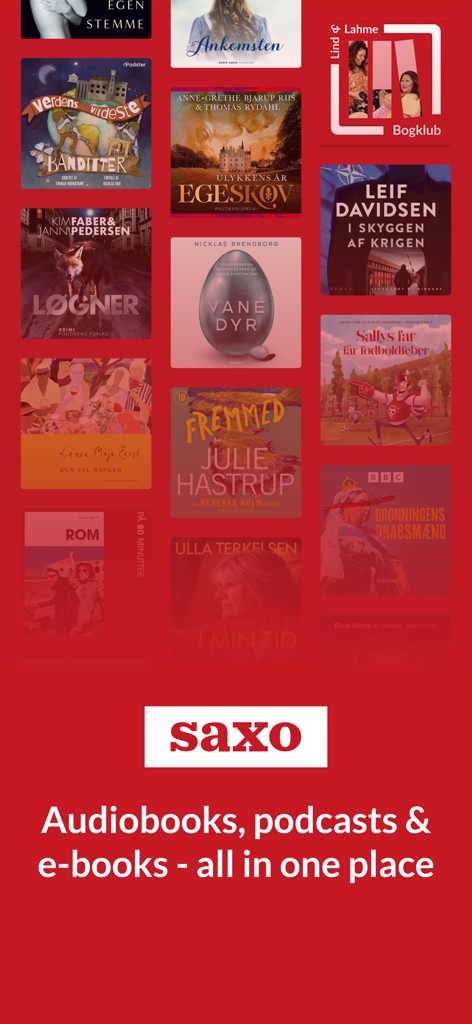 Saxo: Audiobooks & E-books - Una varietà di copertine di libri digitali e podcast sull'app Saxo con lo slogan audiolibri podcast ed e-book tutti in un unico posto