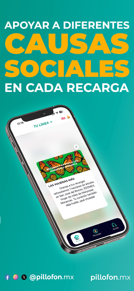 Tela do aplicativo PilloFon exibindo uma mensagem sobre o apoio a causas sociais como reflorestamento a cada recarga móvel