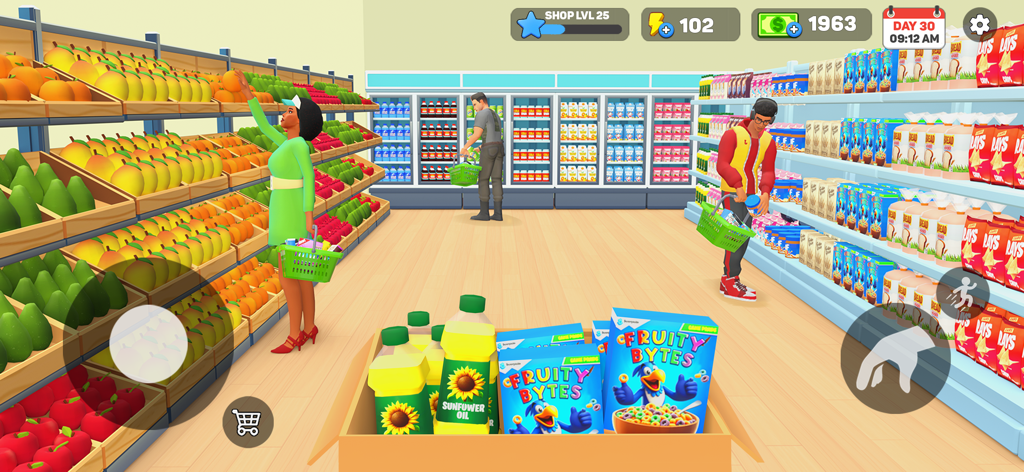 Captura de pantalla del juego de My Supermarket Simulator 3D que muestra a un cliente recogiendo productos y estantes repletos de cereales y snacks