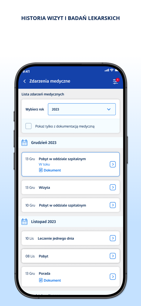 mojeIKP - log in to health - Mobile app screen displaying a list of medical events and visit history in Polish