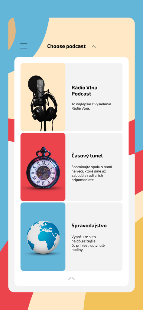 Rádio Vlna - Podcast selection screen in the Radio Vlna app showing various shows like news and classic hits