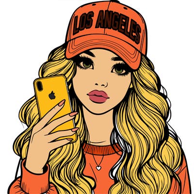 realistic beautiful girl wearing los ángeles cap holding an iphone
