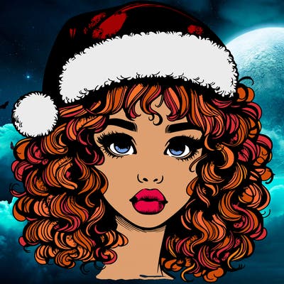 realistic girl with a santa hat curly hair and lips