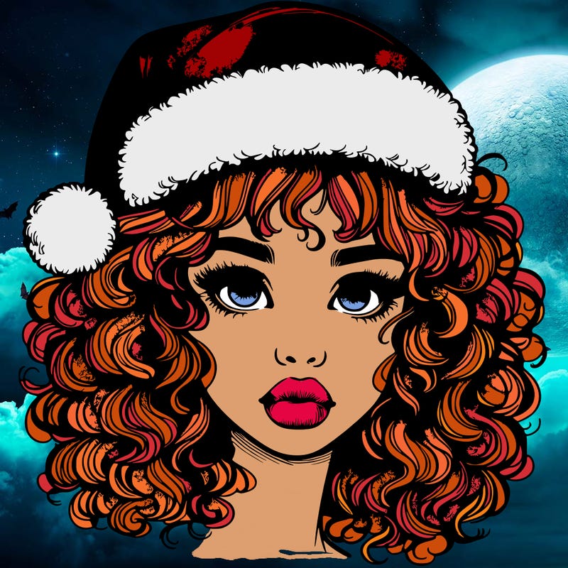 realistic girl with a santa hat curly hair and lips