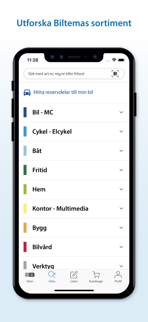 Biltema - La aplicación móvil de Biltema mostrando el menú de surtido de productos con categorías de piezas de automóvil, herramientas, hogar y ocio