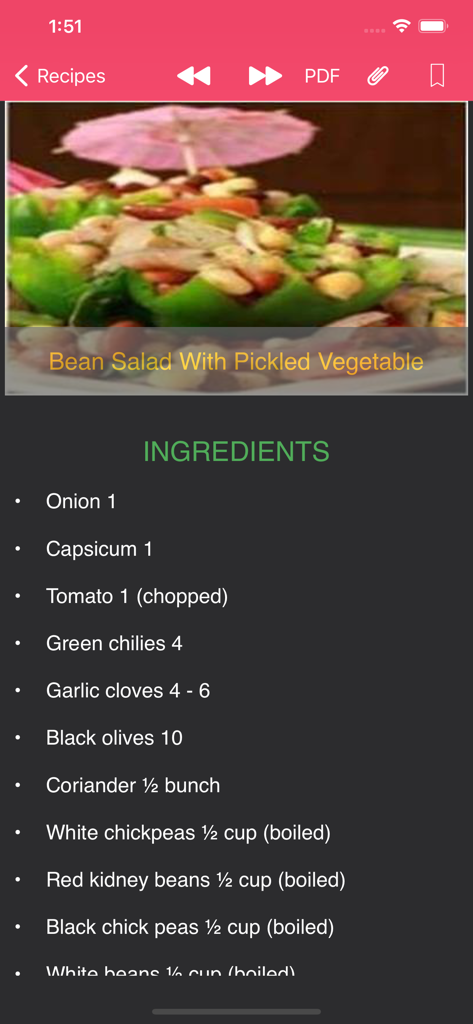 Healthy Food Recipes - Yummy - Zutatenliste für das Rezept für Bohnensalat mit eingelegtem Gemüse in der gesunden Lebensmittel-App