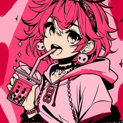 hot baddie anime girl drinking boba and biting the straw
