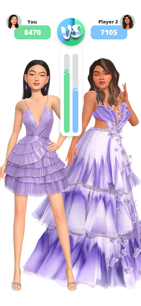 Glow Fashion Idol - Zwei Models in eleganten lila Kleidern während eines Modeschlacht-Wettbewerbs