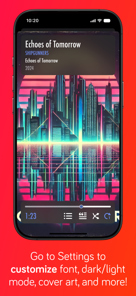 Harken Offline Music Player - Captura de pantalla del reproductor de música Harken mostrando controles de reproducción y texto sobre opciones de personalización de la interfaz para fuentes y temas