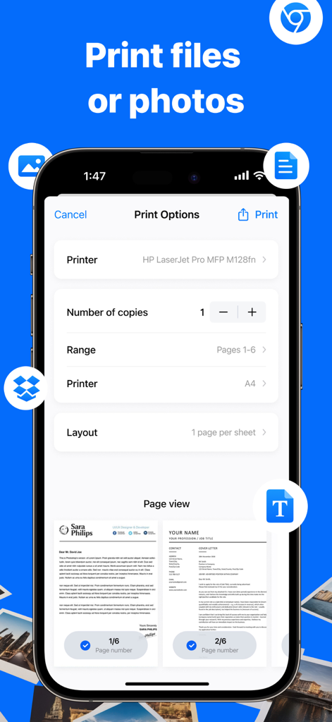 Printer App: All-in-One - Printer App interface on iPhone showing print options for files and photos