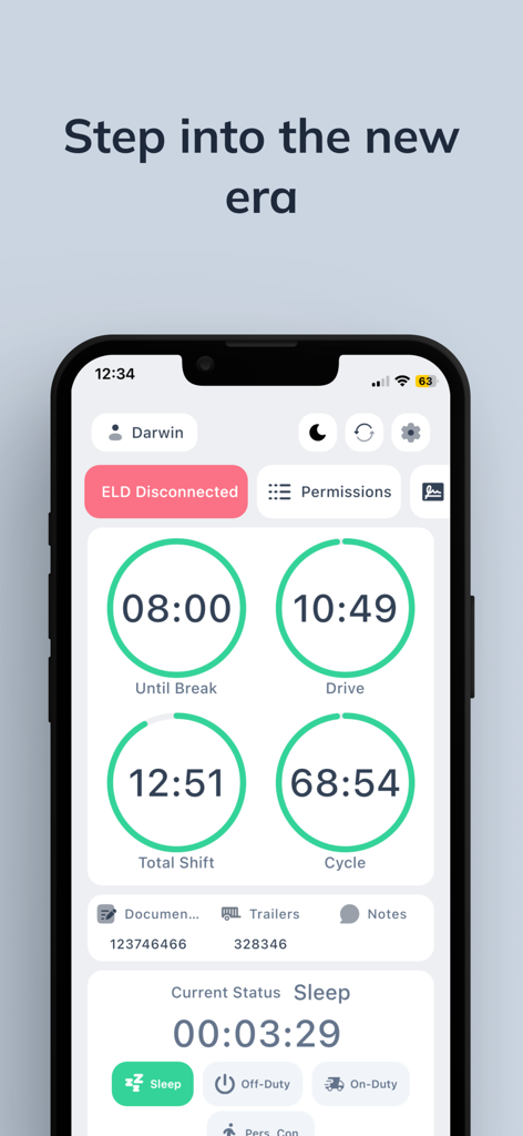 Quantum Logbook ELD dashboard displaying driver hours of service and shift timers