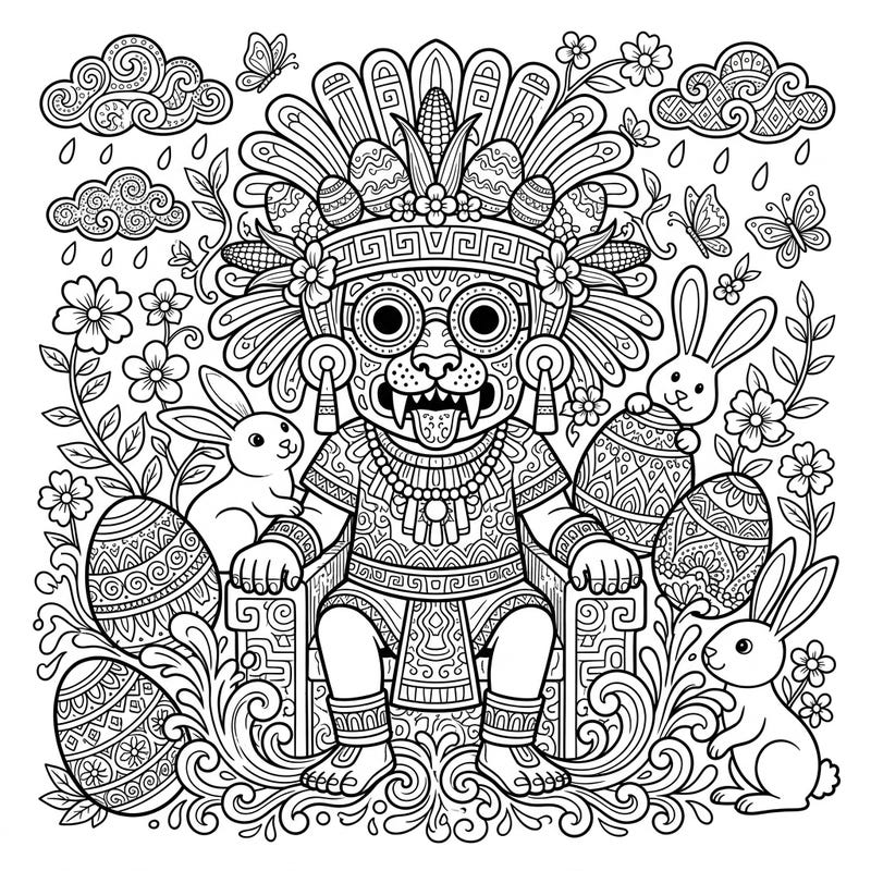 Embark on a unique artistic journey with this Tlaloc Zentangle Easter coloring page, a stunning blend of ancient Aztec mythology and joyful spring celebrations. Featuring intricate patterns and playful elements, it's perfect for colorists seeking a creative challenge.